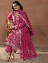 Women's Pink Floral Embroidered Straight Kurta With Palazzos and Dupatta