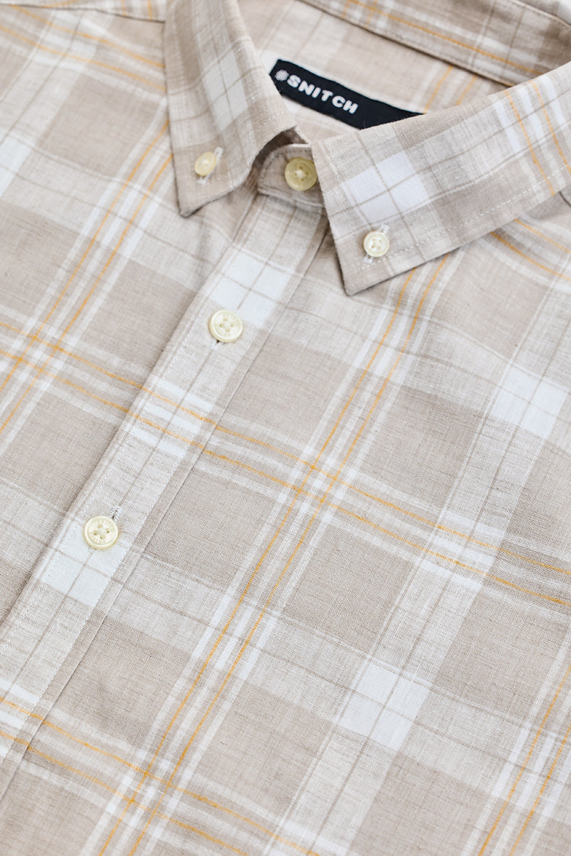 Men's Beige Casual Slim Fit Checkered Full Sleeves Shirt