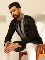 Men's Black Cotton Silk Long Kurta with Elegant Neck Embroidery