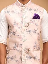 Men's Peach Muslin Floral Printed Full Sleeves Nehru Jacket