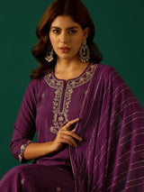 Women's Purple Kurta with Zari Embroidery Teamed with Trouser and Paired with Dupatta