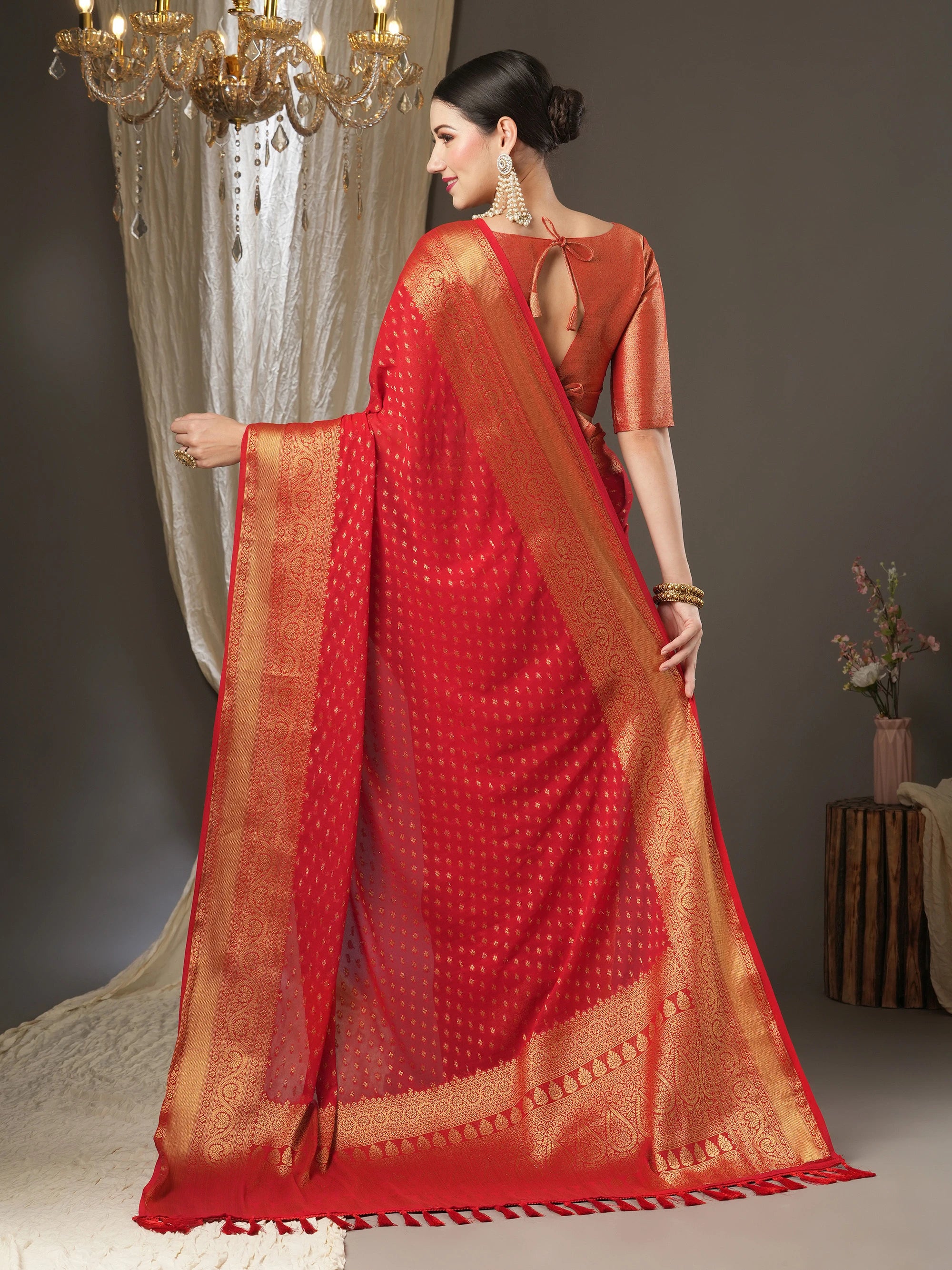 Women's Georgette Red Woven Design Designer Saree with Blouse Piece