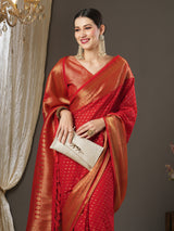 Women's Georgette Red Woven Design Designer Saree with Blouse Piece
