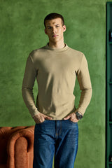 Men's Beige Casual Slim Fit Solid Full Sleeves Sweater