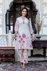 Women's Pink Work Regular Fit Embroidered Three Quarter Sleeves Co-Ord Sets