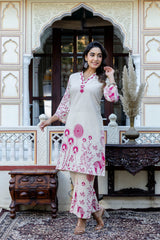 Women's Pink Work Regular Fit Embroidered Three Quarter Sleeves Co-Ord Sets