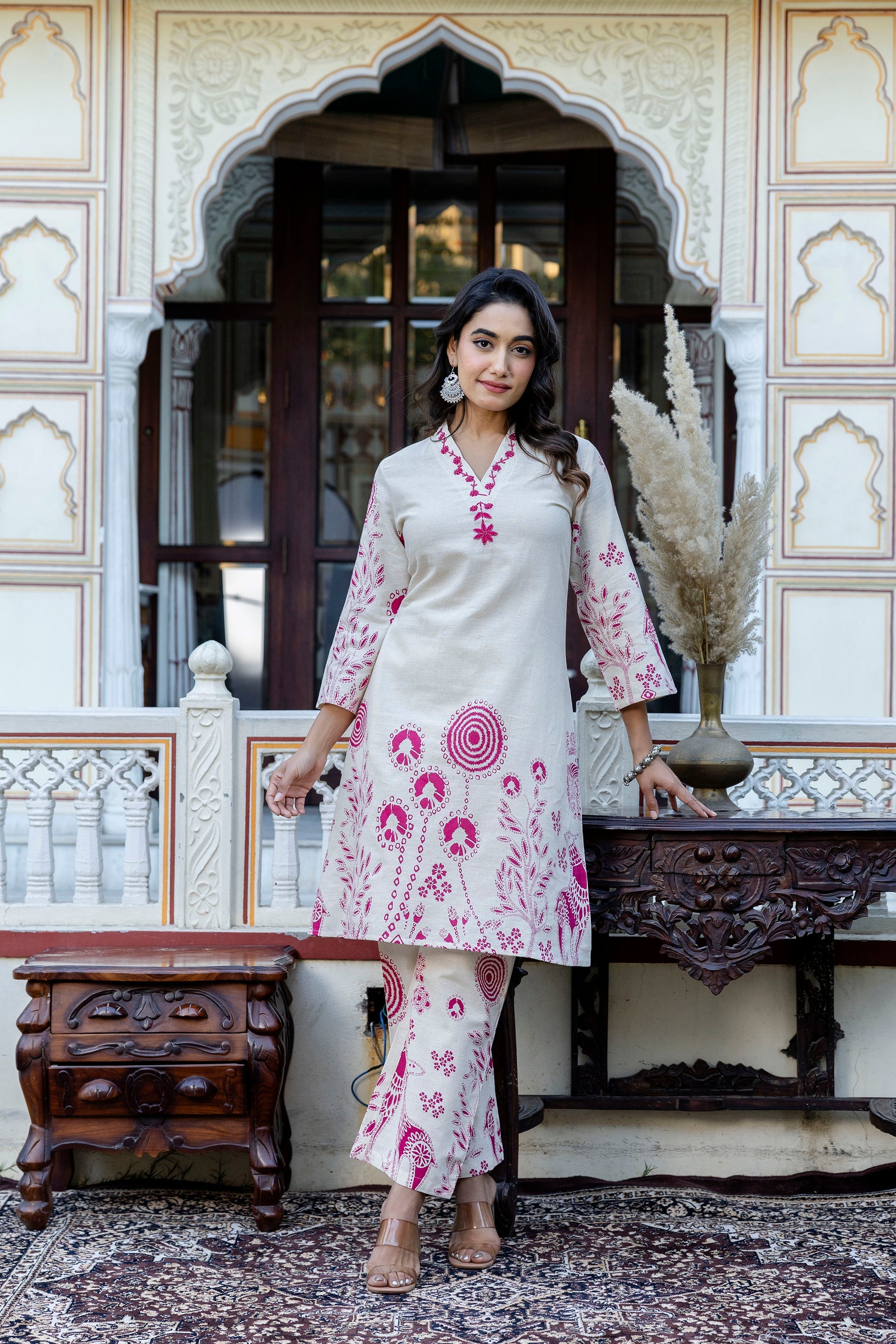 Women's Pink Work Regular Fit Embroidered Three Quarter Sleeves Co-Ord Sets