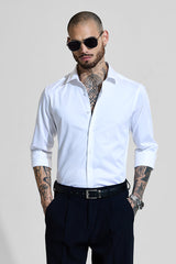 Men's White Party Slim Fit Solid Full Sleeves Shirt
