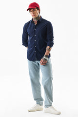Men's Navy Casual Slim Fit Solid Full Sleeves Shirt