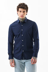 Men's Navy Casual Slim Fit Solid Full Sleeves Shirt