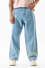 Men's Blue Casual Baggy Fit Printed Jeans