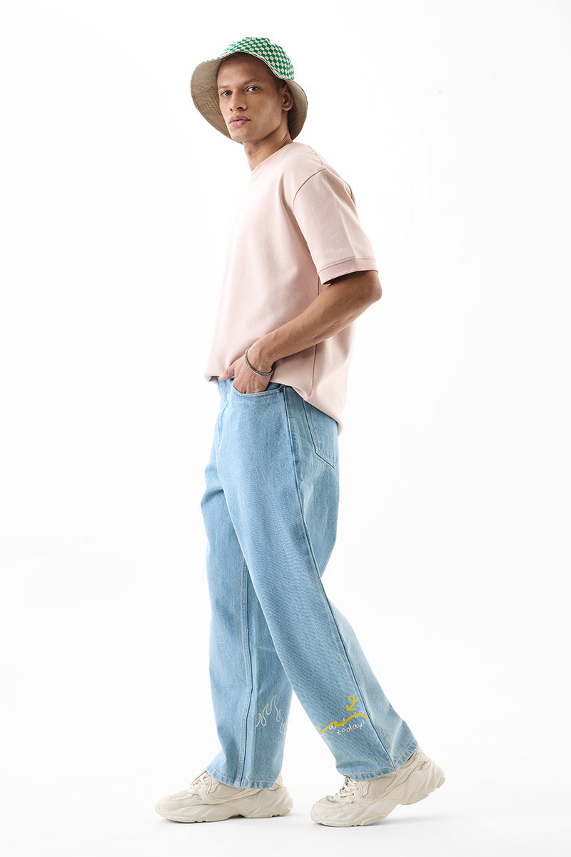 Men's Blue Casual Baggy Fit Printed Jeans