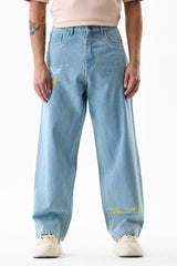 Men's Blue Casual Baggy Fit Printed Jeans