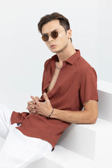 Men's Brown Casual Slim Fit Printed Half Sleeves Shirt