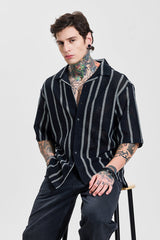 Men's Black Casual Oversized Fit Striped Half Sleeves Shirt