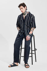 Men's Black Casual Oversized Fit Striped Half Sleeves Shirt