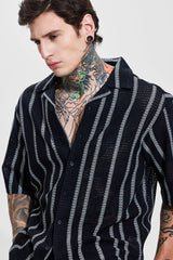 Men's Black Casual Oversized Fit Striped Half Sleeves Shirt