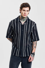 Men's Black Casual Oversized Fit Striped Half Sleeves Shirt