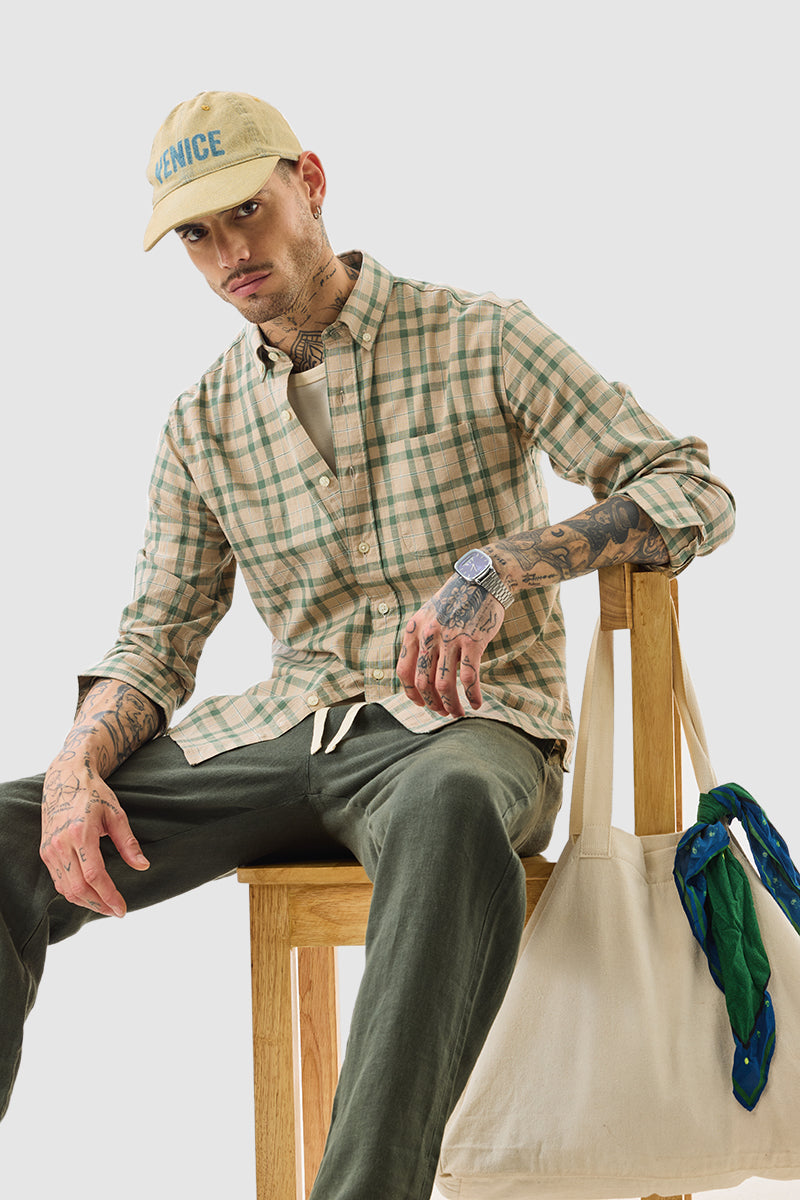 Men's Beige Casual Regular Fit Checkered Full Sleeves Shirt
