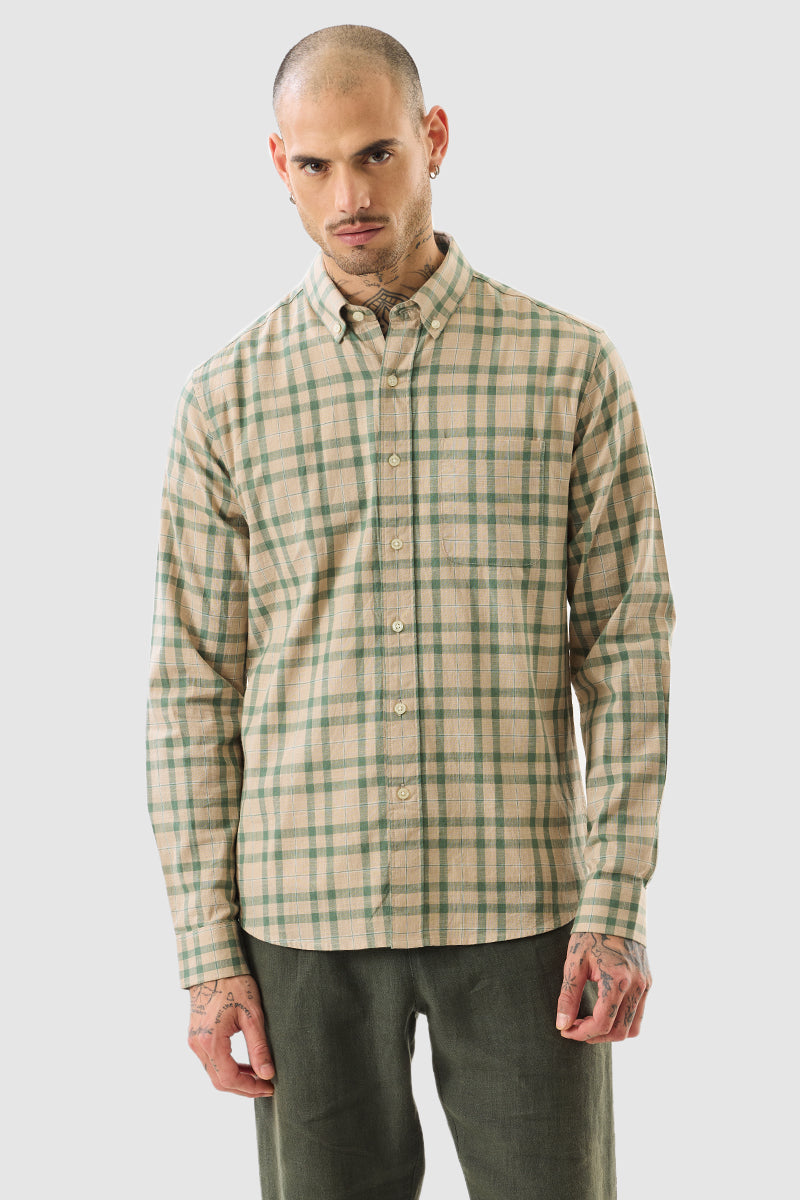 Men's Beige Casual Regular Fit Checkered Full Sleeves Shirt