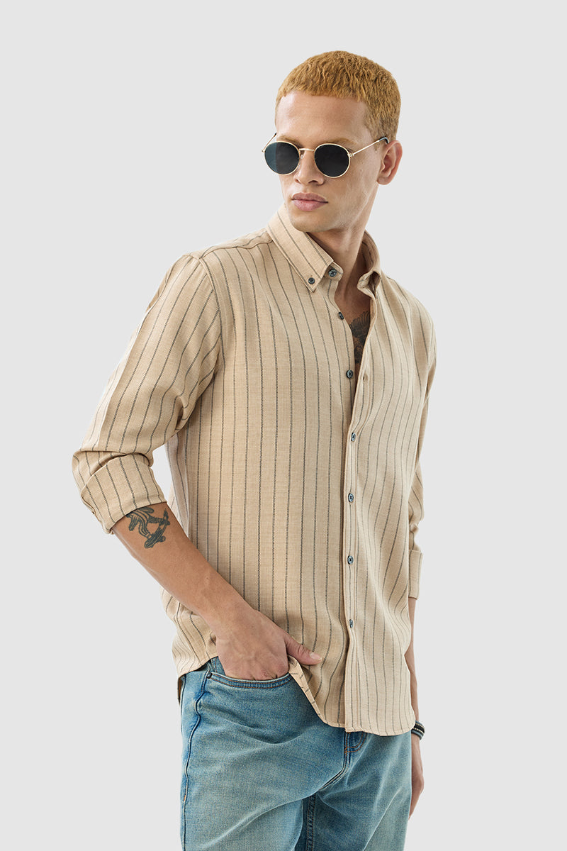Men's Beige Casual Regular Fit Striped Full Sleeves Shirt