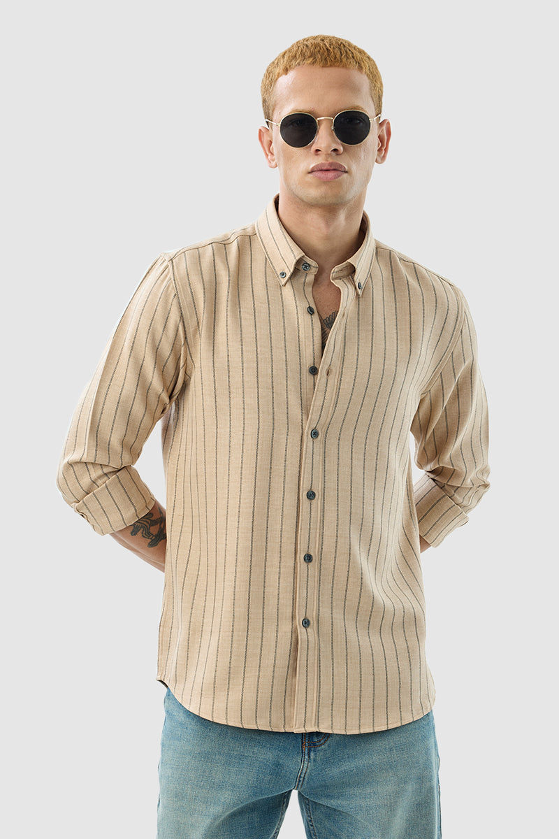 Men's Beige Casual Regular Fit Striped Full Sleeves Shirt
