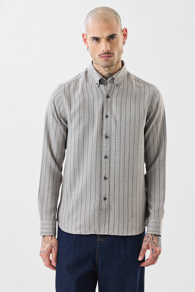 Men's Grey Casual Regular Fit Striped Full Sleeves Shirt