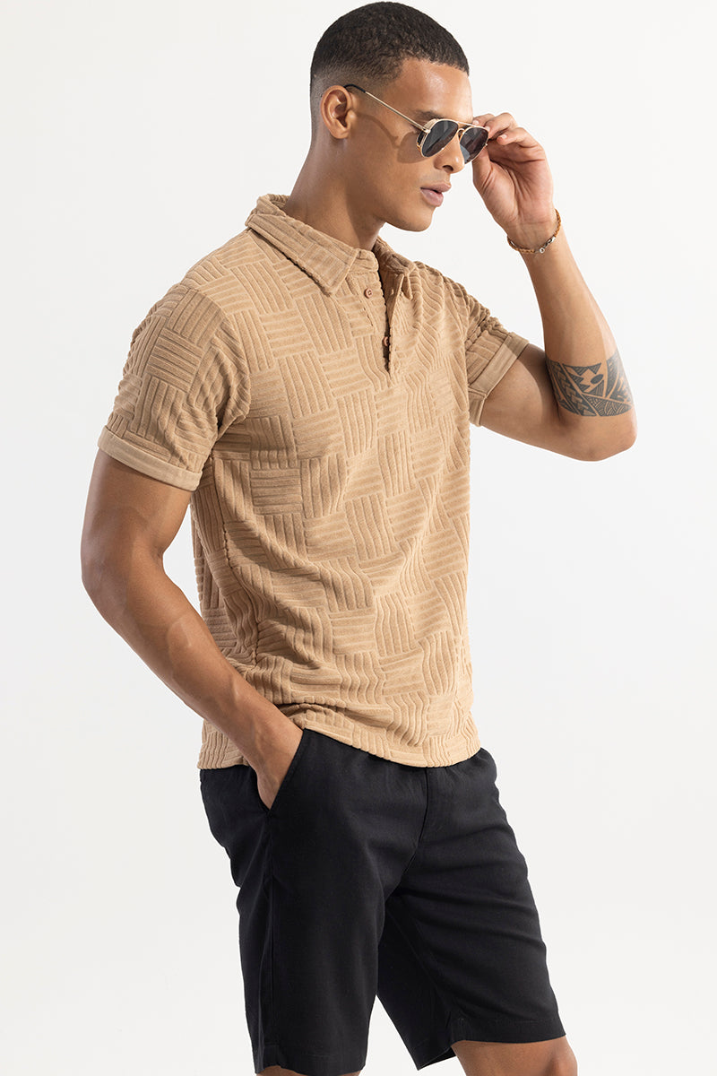 Men's Beige Casual Slim Fit Printed Half Sleeves Polo Tshirt