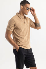Men's Beige Casual Slim Fit Printed Half Sleeves Polo Tshirt
