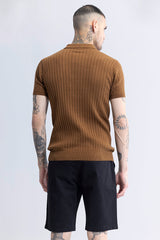 Men's Brown Casual Slim Fit Textured Half Sleeves Polo Tshirt