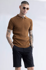 Men's Brown Casual Slim Fit Textured Half Sleeves Polo Tshirt