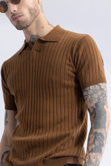 Men's Brown Casual Slim Fit Textured Half Sleeves Polo Tshirt