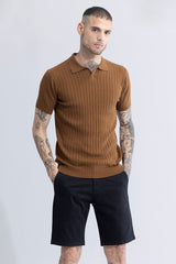Men's Brown Casual Slim Fit Textured Half Sleeves Polo Tshirt