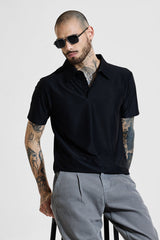 Men's Black Casual Slim Fit Printed Half Sleeves Polo Tshirt