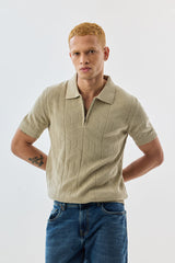 Men's Beige Casual Slim Fit Printed Half Sleeves Polo Tshirt