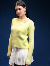 Women's Yellow Casual Self-Design Full Sleeves Sweater