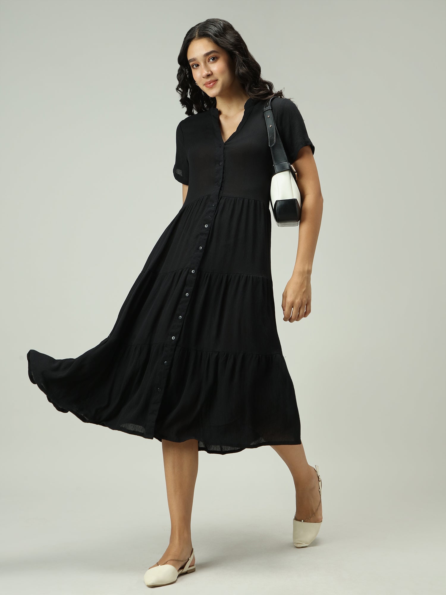 Women's Black Button Down Tiered Midi Dress