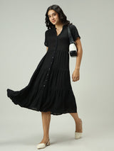 Women's Black Button Down Tiered Midi Dress