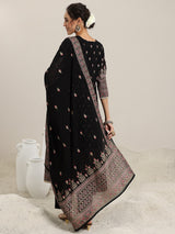 Women's Black Floral Printed Anarkali Kurta and Trouser With Printed Dupatta