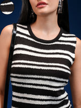 Women's Black Casual Striped Sleeveless Sweater