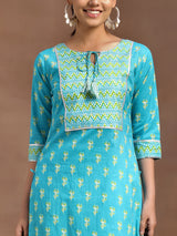 Women's Blue Cotton Printed Gotta Patti Tassel Detail Straight Kurta with Printed Trousers & Dupatta