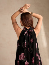 Women's Black Halter Neck Floral Printed Dress