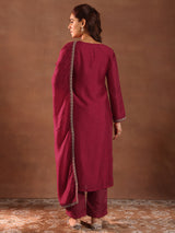 Women's Pink Floral Embroidered Straight Kurta with Solid Trouser and Embellished Dupatta