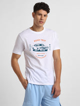 Men's White Half Sleeves Graphic Printed Cotton Tshirt