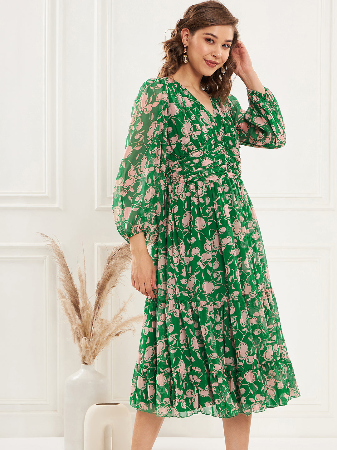 Women's Green Floral Printed V-Neck Puff Sleeve Pleated Tie Fit & Flare Dress