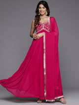 Women's Fuchsia Embroidered Anarkali Strap Kurta Paired With Tonal Dupatta