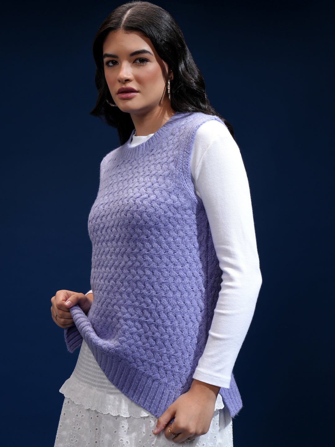 Women's Purple Casual Striped Sleeveless Sweater