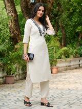 Women's Beige Geometry Embroidered Cotton Flex Kurta Set