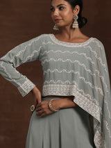 Women's Grey Ethnic Motif Embroidered Georgette Top with One Side Extended Sleeve and Solid Wide Leg Palazzo