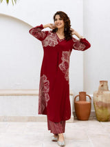 Women's Maroon Foil-Printed A-Line in German Rayon Kurta Set